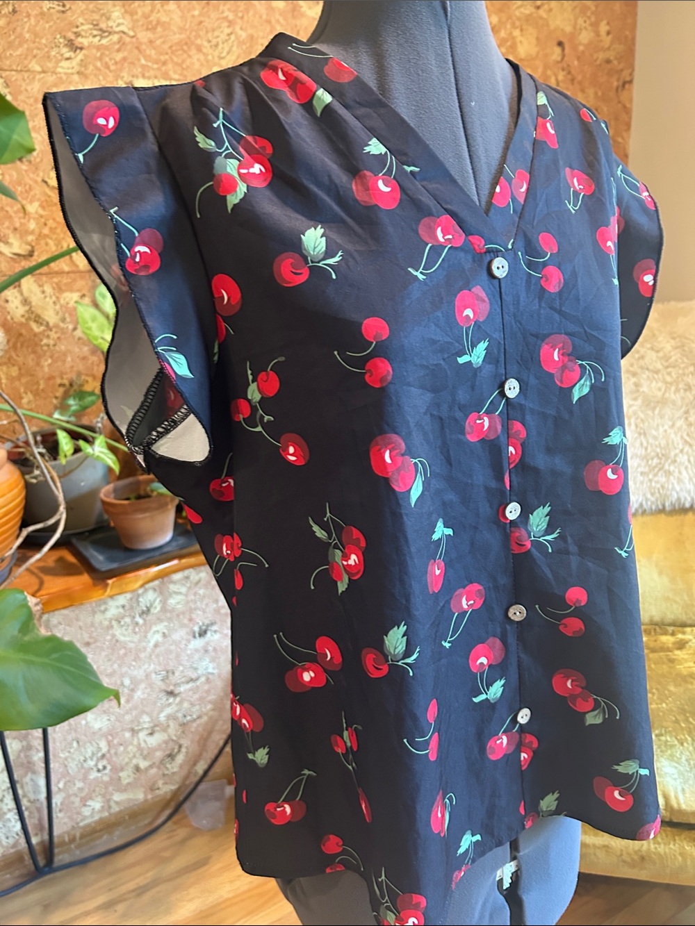 Black Cherry Print Button-Front Flutter Sleeve Blouse